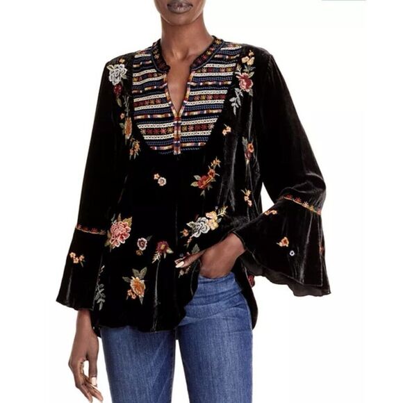 Johnny Was Sisilia Floral Embroidered Velvet Peasant Blouse Black Women’s XS - Picture 1 of 14